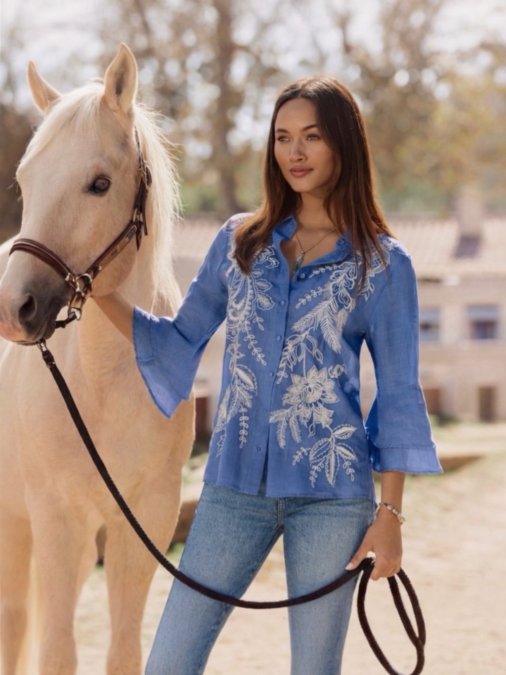 Johnny Was 3/4 Flounce Sleeve Embroidered Ramie Blouse Roberta Baja Blue XL NWT - Picture 11 of 16